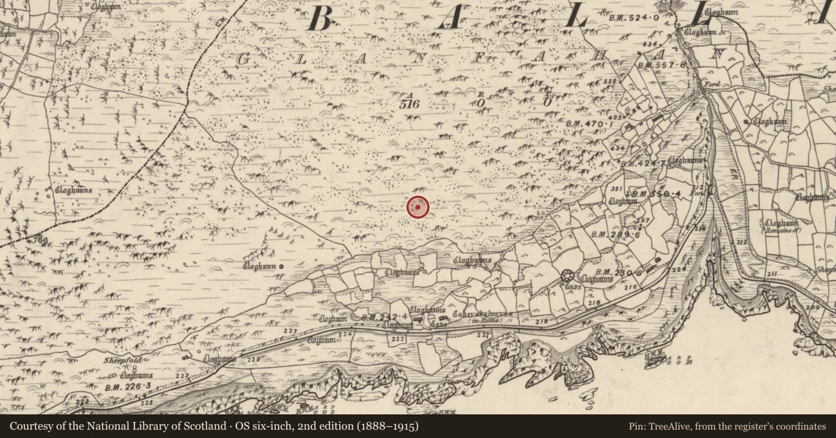 Ordnance Survey six-inch map, 2nd edition (1888–1915) covering the location of Clochan, Gleann Fán, County Kerry, with a pin at the register's coordinates