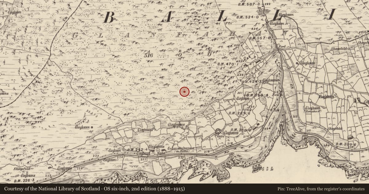 Ordnance Survey six-inch map, 2nd edition (1888–1915) covering the location of Hut site, Gleann Fán, County Kerry, with a pin at the register's coordinates