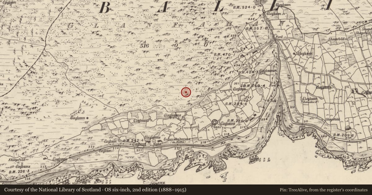 Ordnance Survey six-inch map, 2nd edition (1888–1915) covering the location of Hut site, Gleann Fán, County Kerry, with a pin at the register's coordinates