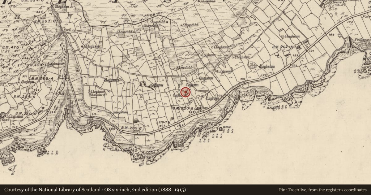 Ordnance Survey six-inch map, 2nd edition (1888–1915) covering the location of Clochan, Gleann Fán, County Kerry, with a pin at the register's coordinates