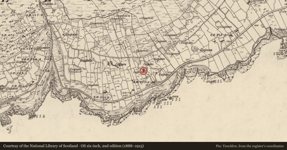 Ordnance Survey six-inch map, 2nd edition (1888–1915) covering the location of Clochan, Gleann Fán, County Kerry, with a pin at the register's coordinates