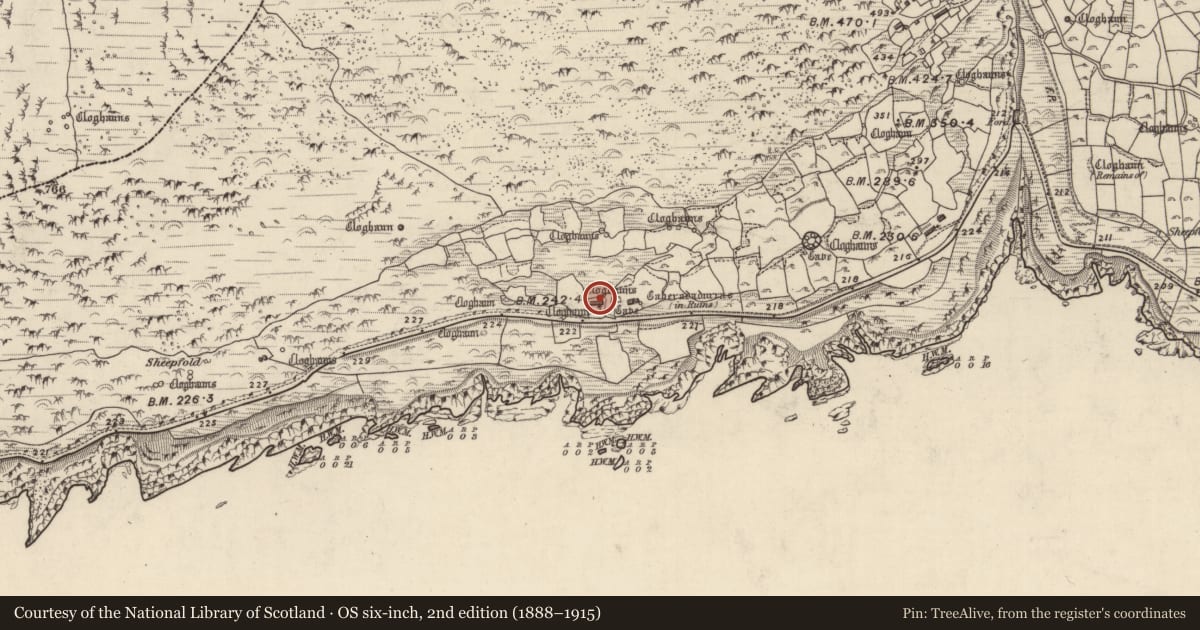 Ordnance Survey six-inch map, 2nd edition (1888–1915) covering the location of Clochan, Gleann Fán, County Kerry, with a pin at the register's coordinates