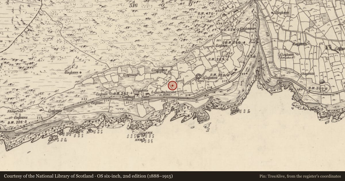 Ordnance Survey six-inch map, 2nd edition (1888–1915) covering the location of Clochan, Gleann Fán, County Kerry, with a pin at the register's coordinates