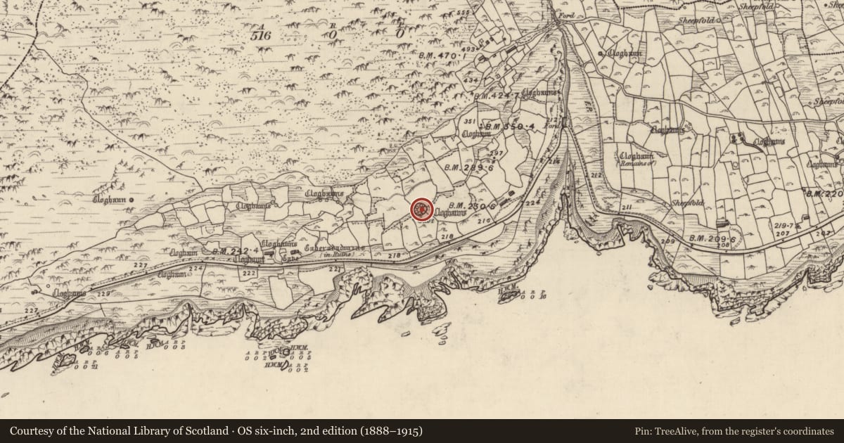 Ordnance Survey six-inch map, 2nd edition (1888–1915) covering the location of Clochan, Gleann Fán, County Kerry, with a pin at the register's coordinates