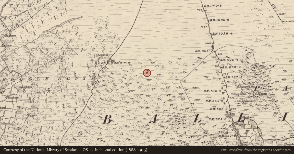 Ordnance Survey six-inch map, 2nd edition (1888–1915) covering the location of Hut site, Gleann Fán, County Kerry, with a pin at the register's coordinates