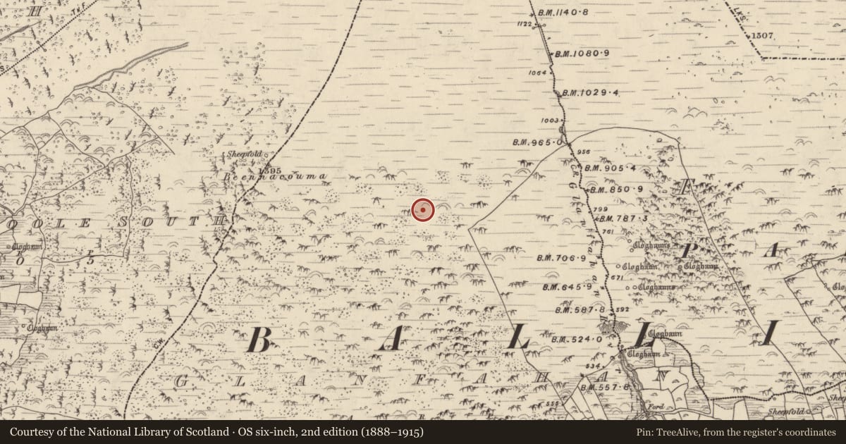Ordnance Survey six-inch map, 2nd edition (1888–1915) covering the location of Hut site, Gleann Fán, County Kerry, with a pin at the register's coordinates