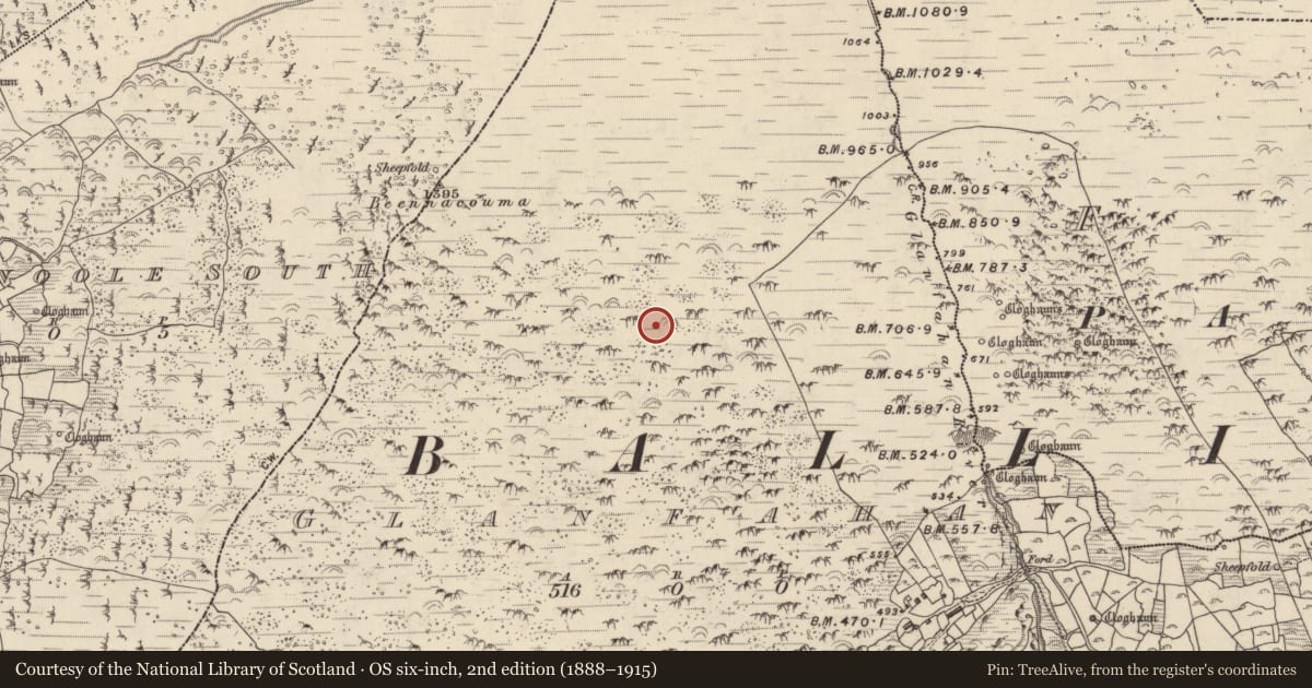 Ordnance Survey six-inch map, 2nd edition (1888–1915) covering the location of Hut site, Gleann Fán, County Kerry, with a pin at the register's coordinates