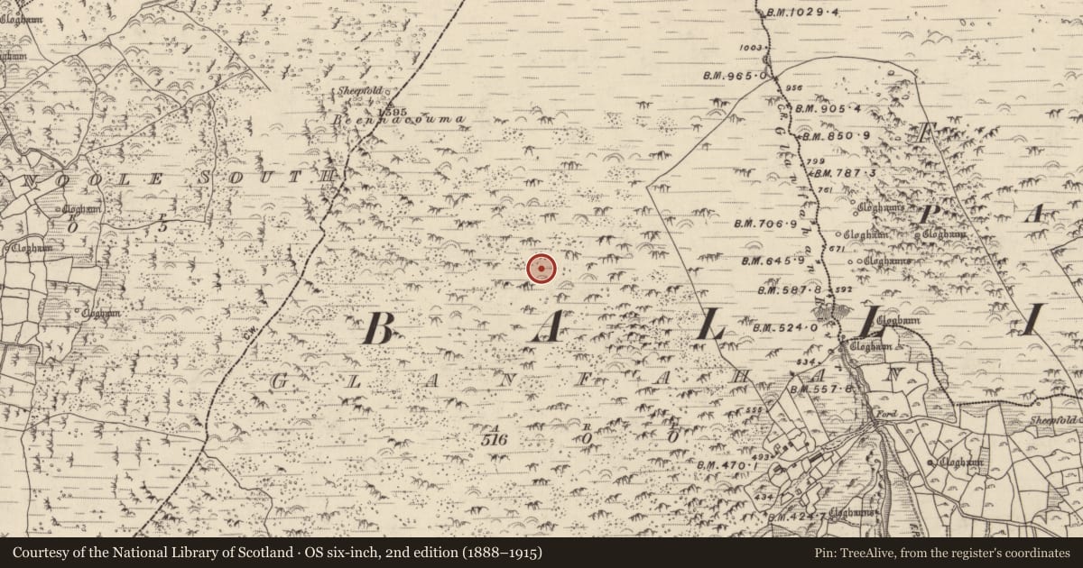 Ordnance Survey six-inch map, 2nd edition (1888–1915) covering the location of Clochan, Gleann Fán, County Kerry, with a pin at the register's coordinates