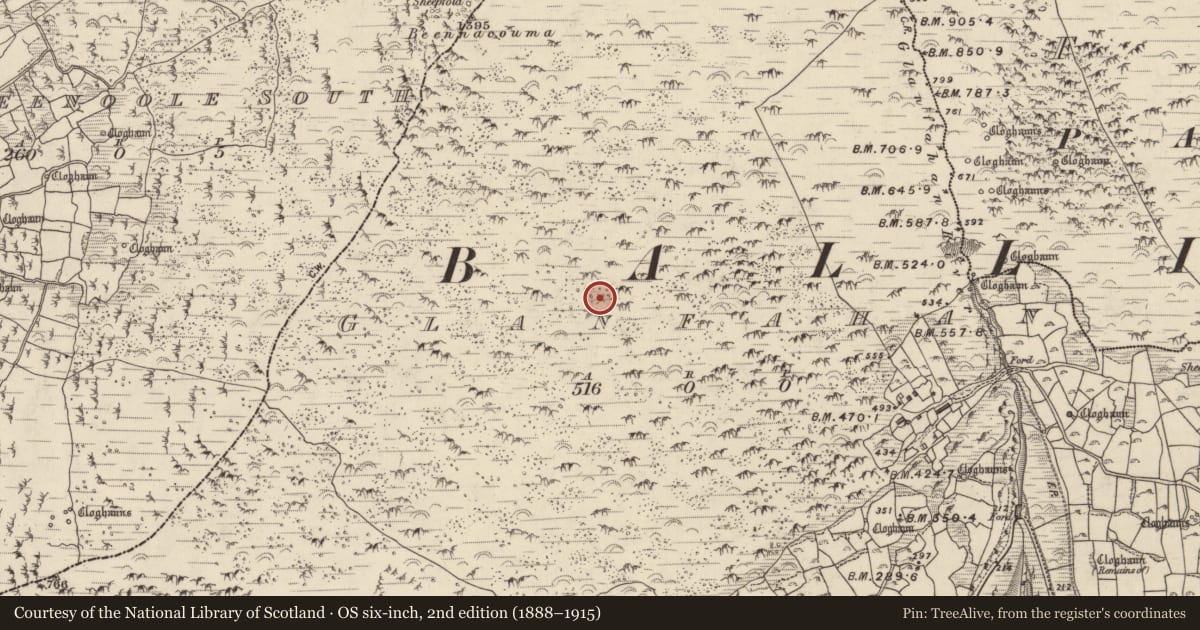 Ordnance Survey six-inch map, 2nd edition (1888–1915) covering the location of Hut site, Gleann Fán, County Kerry, with a pin at the register's coordinates
