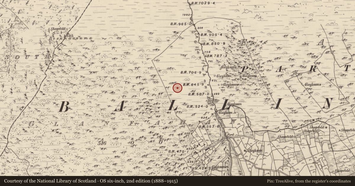 Ordnance Survey six-inch map, 2nd edition (1888–1915) covering the location of Hut site, Gleann Fán, County Kerry, with a pin at the register's coordinates