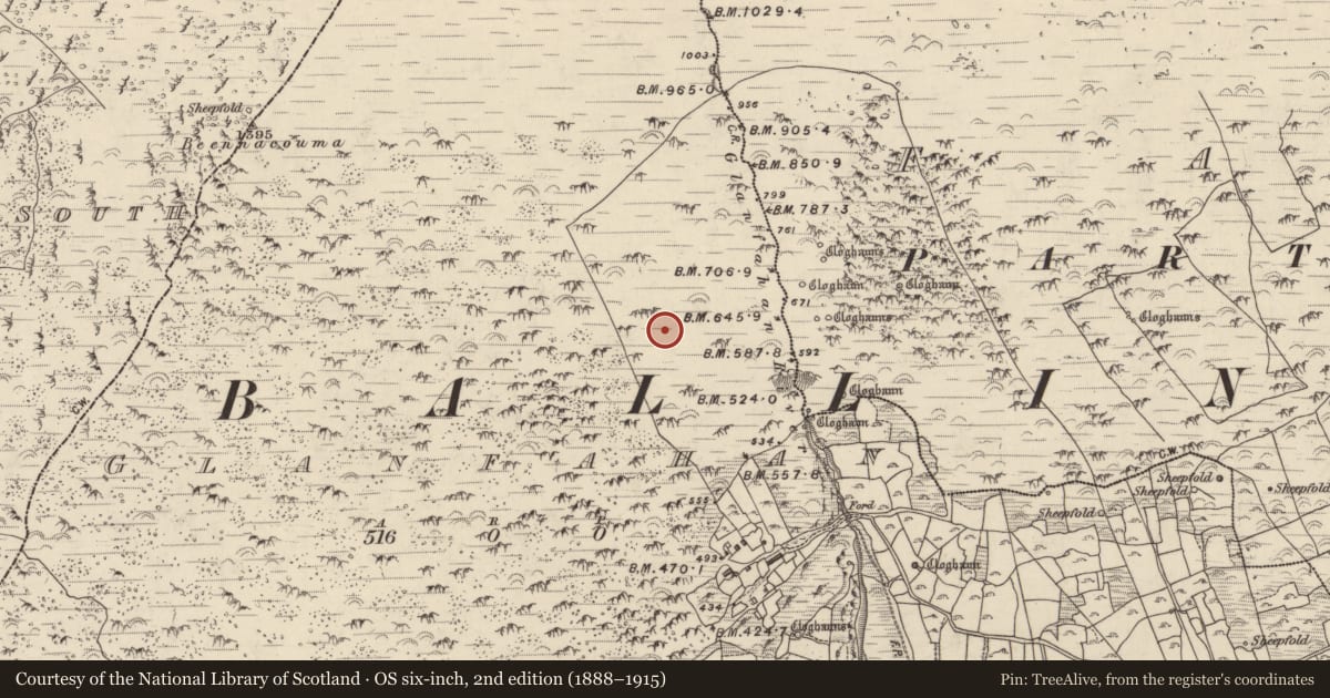Ordnance Survey six-inch map, 2nd edition (1888–1915) covering the location of Hut site, Gleann Fán, County Kerry, with a pin at the register's coordinates