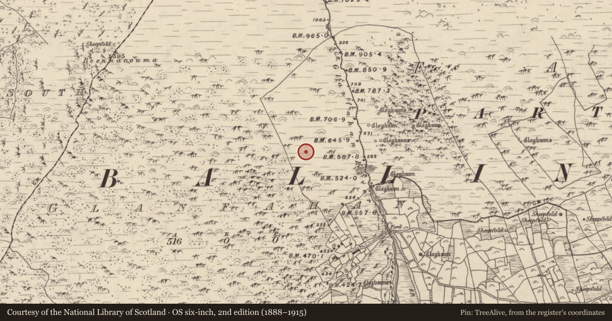 Ordnance Survey six-inch map, 2nd edition (1888–1915) covering the location of Hut site, Gleann Fán, County Kerry, with a pin at the register's coordinates