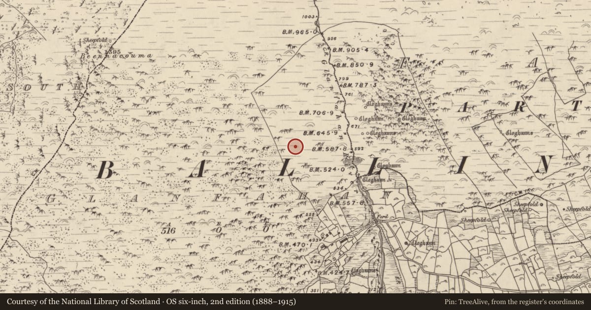 Ordnance Survey six-inch map, 2nd edition (1888–1915) covering the location of Hut site, Gleann Fán, County Kerry, with a pin at the register's coordinates