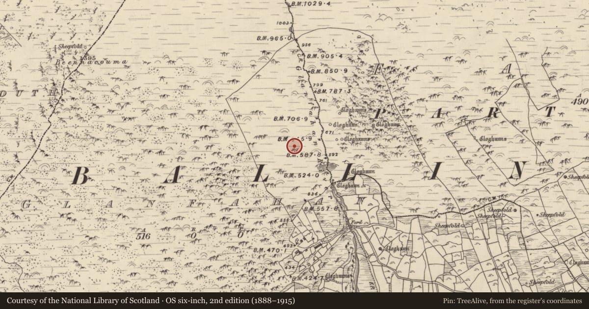 Ordnance Survey six-inch map, 2nd edition (1888–1915) covering the location of Hut site, Gleann Fán, County Kerry, with a pin at the register's coordinates