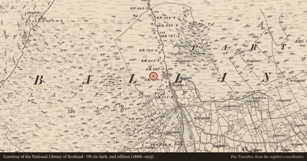 Ordnance Survey six-inch map, 2nd edition (1888–1915) covering the location of Hut site, Gleann Fán, County Kerry, with a pin at the register's coordinates
