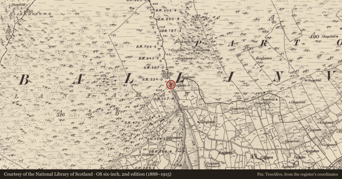 Ordnance Survey six-inch map, 2nd edition (1888–1915) covering the location of Clochan, Gleann Fán, County Kerry, with a pin at the register's coordinates