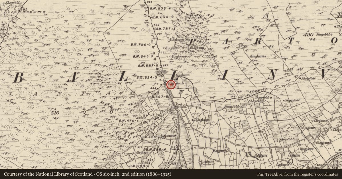 Ordnance Survey six-inch map, 2nd edition (1888–1915) covering the location of Clochan, Gleann Fán, County Kerry, with a pin at the register's coordinates