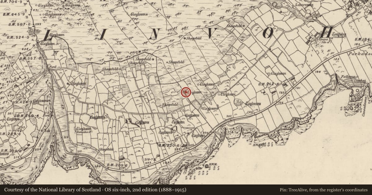 Ordnance Survey six-inch map, 2nd edition (1888–1915) covering the location of Clochan, Gleann Fán, County Kerry, with a pin at the register's coordinates
