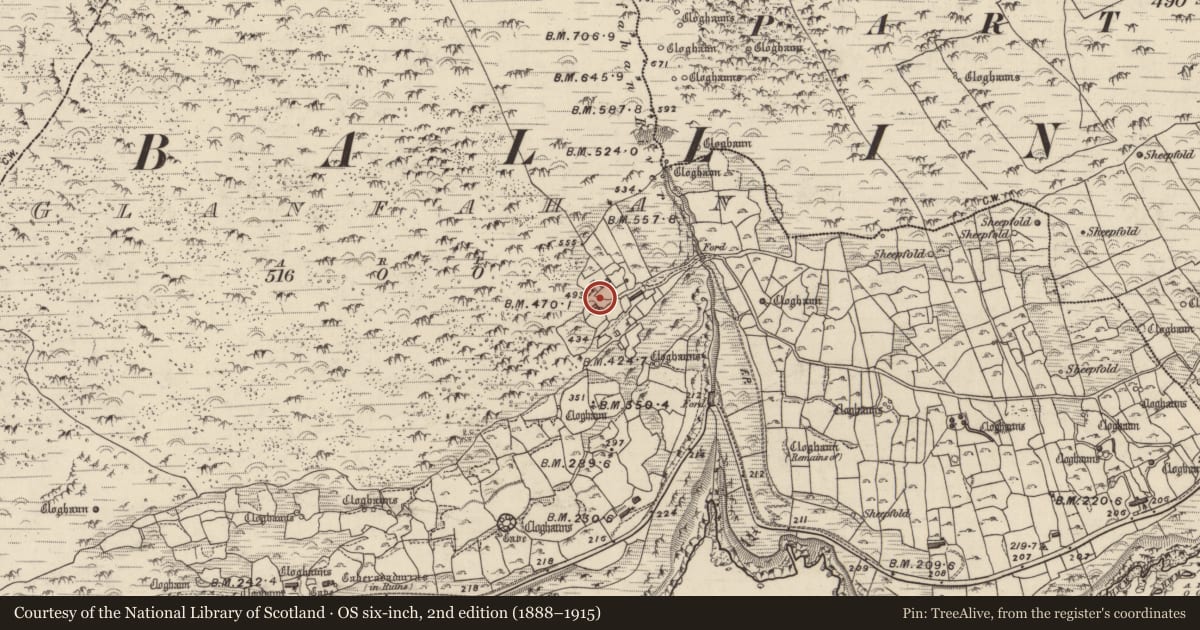 Ordnance Survey six-inch map, 2nd edition (1888–1915) covering the location of Clochan, Gleann Fán, County Kerry, with a pin at the register's coordinates
