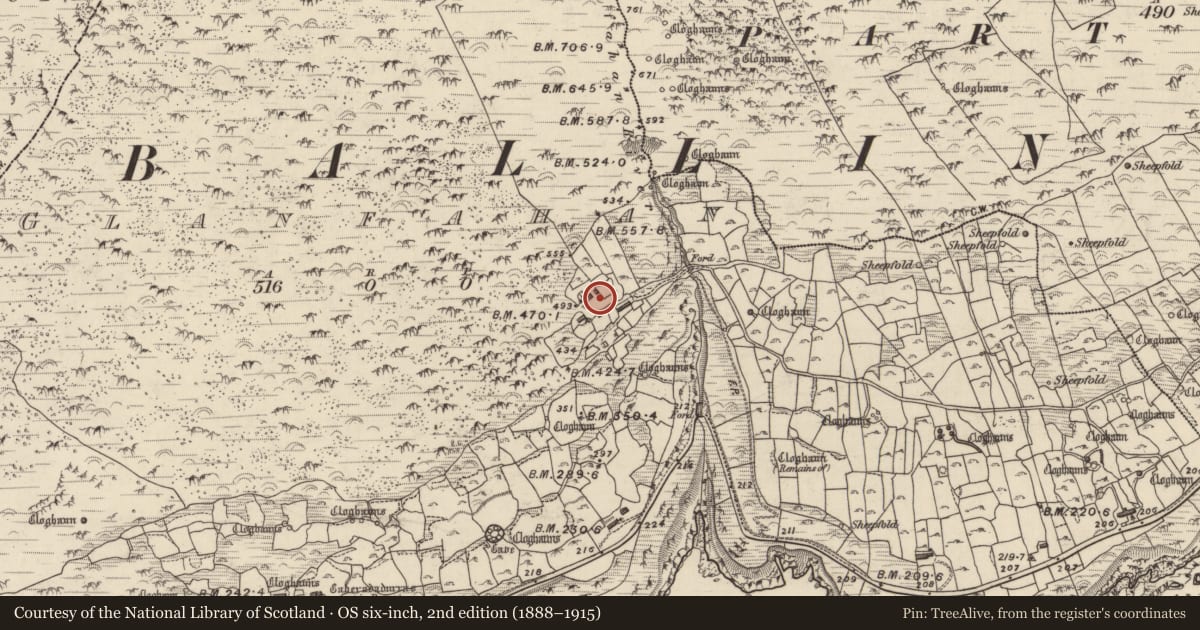 Ordnance Survey six-inch map, 2nd edition (1888–1915) covering the location of Clochan, Gleann Fán, County Kerry, with a pin at the register's coordinates