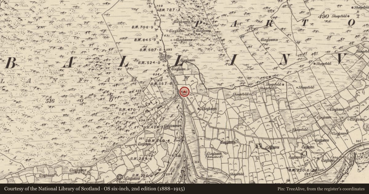 Ordnance Survey six-inch map, 2nd edition (1888–1915) covering the location of Clochan, Gleann Fán, County Kerry, with a pin at the register's coordinates
