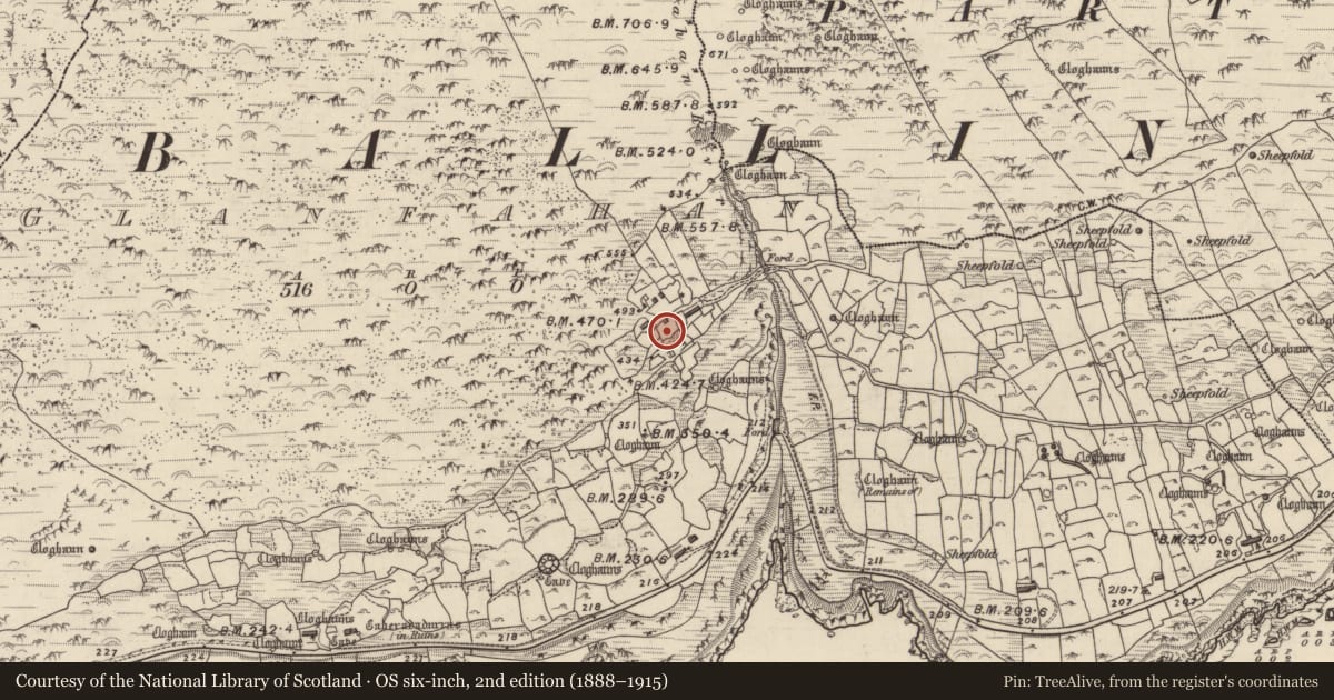 Ordnance Survey six-inch map, 2nd edition (1888–1915) covering the location of Clochan, Gleann Fán, County Kerry, with a pin at the register's coordinates