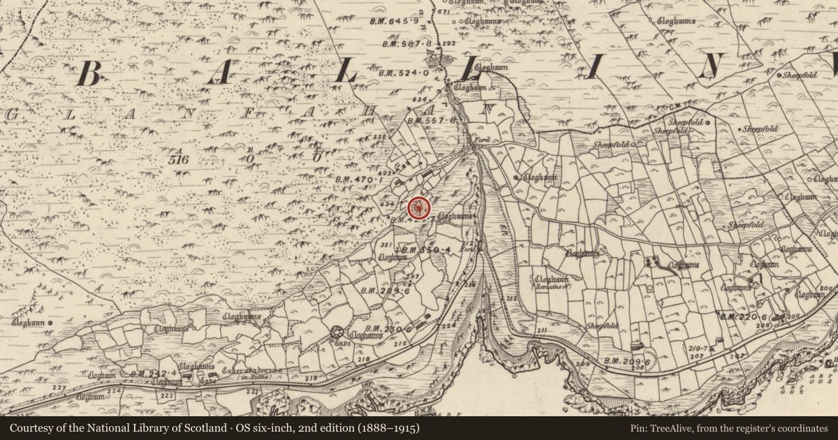 Ordnance Survey six-inch map, 2nd edition (1888–1915) covering the location of Hut site, Gleann Fán, County Kerry, with a pin at the register's coordinates