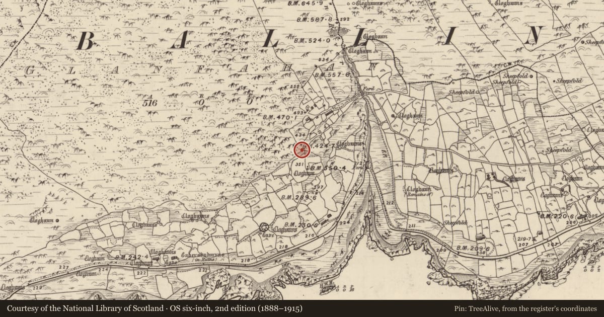 Ordnance Survey six-inch map, 2nd edition (1888–1915) covering the location of Clochan, Gleann Fán, County Kerry, with a pin at the register's coordinates