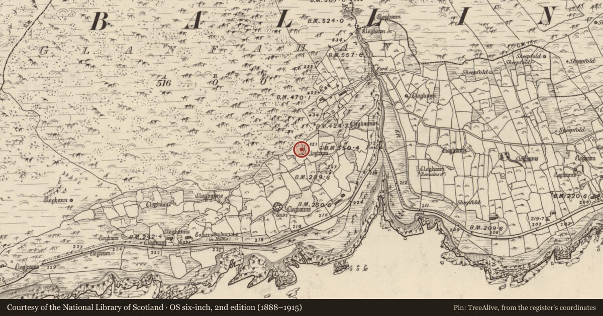Ordnance Survey six-inch map, 2nd edition (1888–1915) covering the location of Clochan, Gleann Fán, County Kerry, with a pin at the register's coordinates