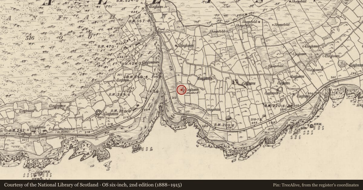 Ordnance Survey six-inch map, 2nd edition (1888–1915) covering the location of Clochan, Gleann Fán, County Kerry, with a pin at the register's coordinates