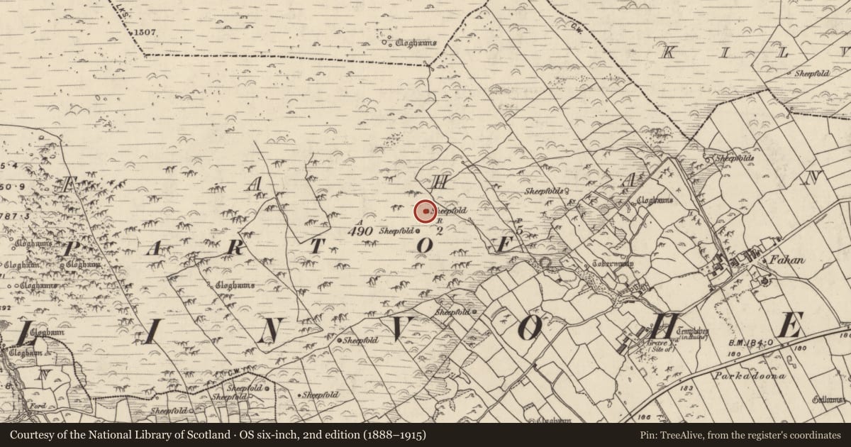 Ordnance Survey six-inch map, 2nd edition (1888–1915) covering the location of Hut site, Fán, County Kerry, with a pin at the register's coordinates