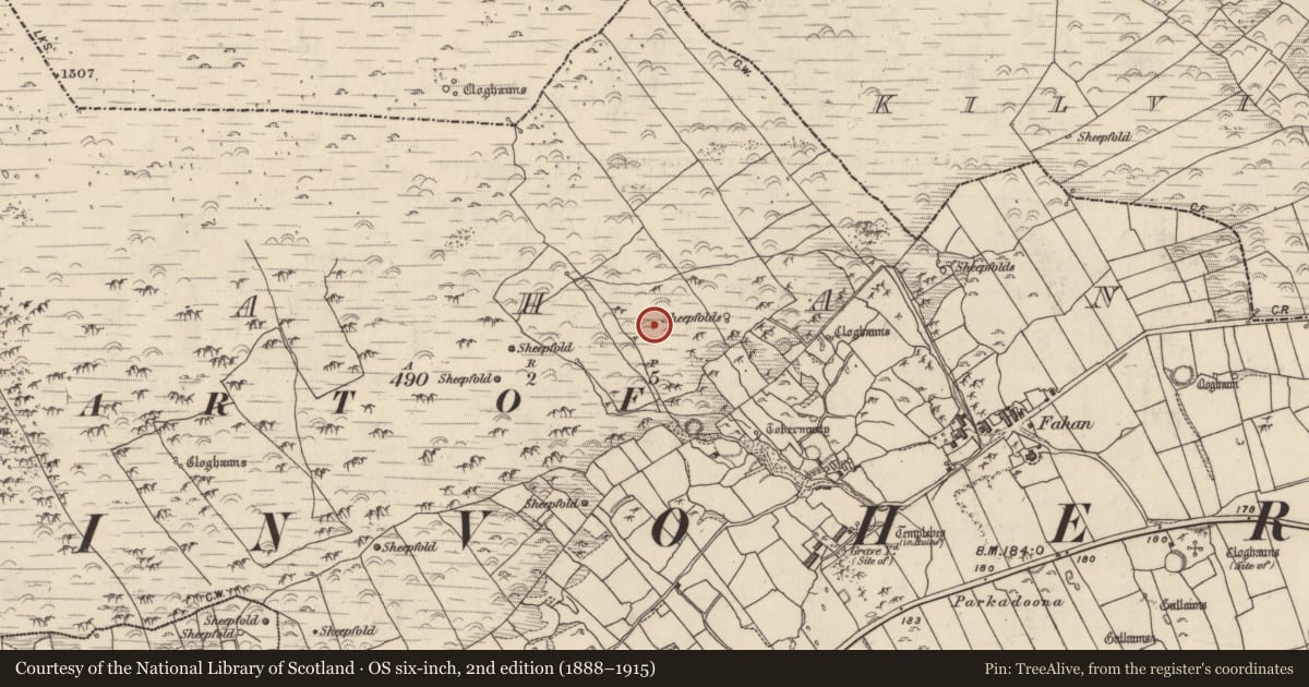 Ordnance Survey six-inch map, 2nd edition (1888–1915) covering the location of Enclosure, Fán, County Kerry, with a pin at the register's coordinates
