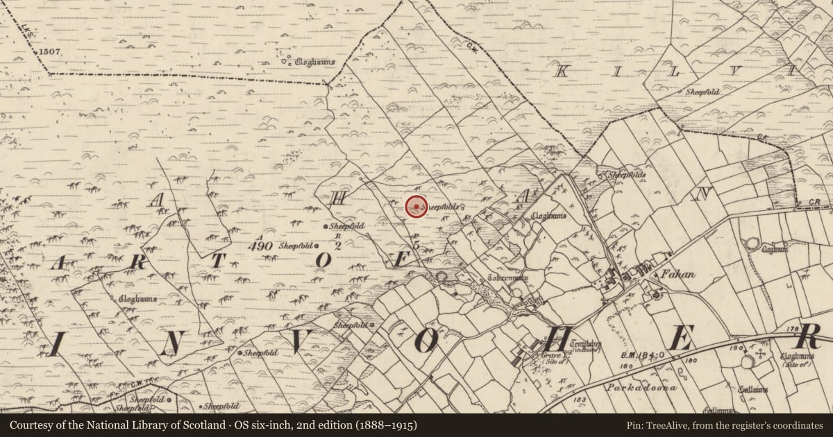 Ordnance Survey six-inch map, 2nd edition (1888–1915) covering the location of Clochan, Fán, County Kerry, with a pin at the register's coordinates