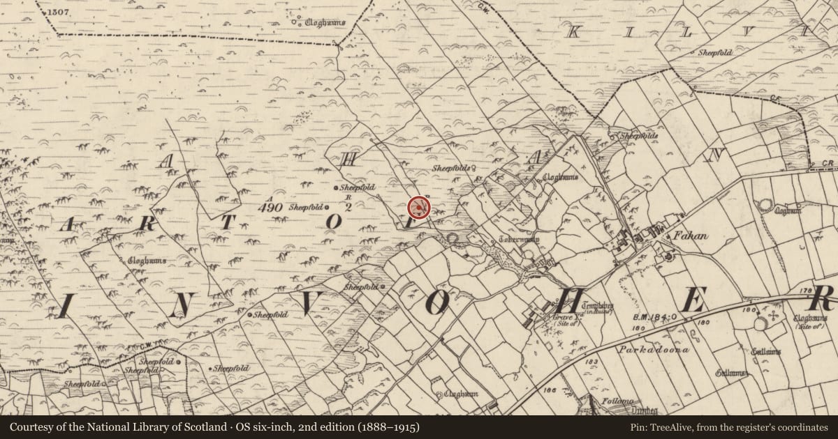 Ordnance Survey six-inch map, 2nd edition (1888–1915) covering the location of Clochan, Fán, County Kerry, with a pin at the register's coordinates