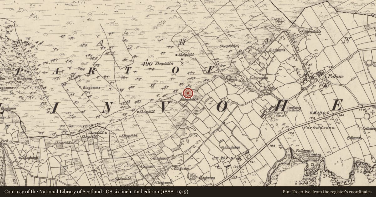 Ordnance Survey six-inch map, 2nd edition (1888–1915) covering the location of Hut site, Fán, County Kerry, with a pin at the register's coordinates