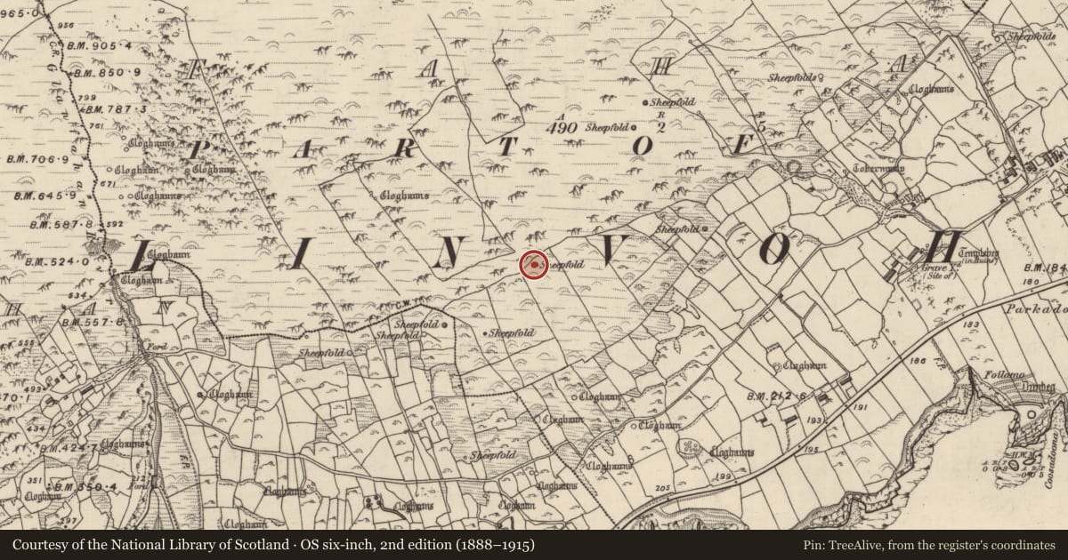 Ordnance Survey six-inch map, 2nd edition (1888–1915) covering the location of Clochan, Fán, County Kerry, with a pin at the register's coordinates