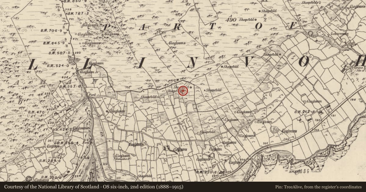 Ordnance Survey six-inch map, 2nd edition (1888–1915) covering the location of Clochan, Gleann Fán, County Kerry, with a pin at the register's coordinates