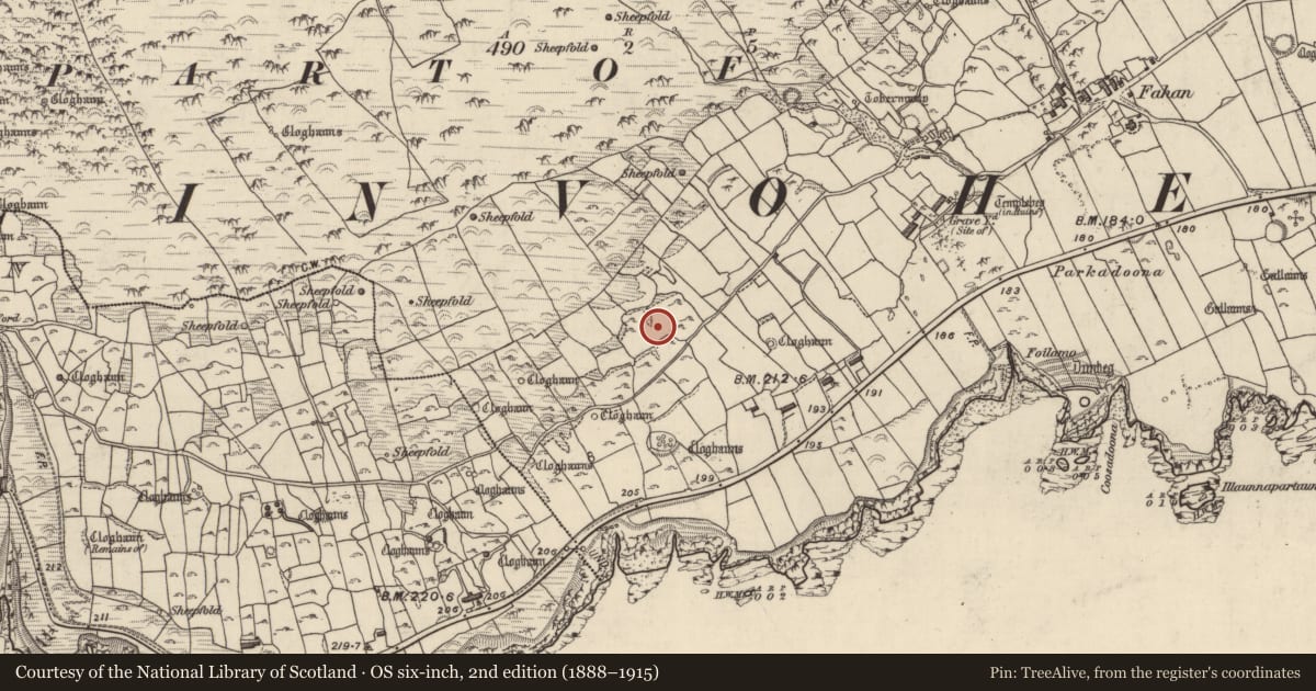 Ordnance Survey six-inch map, 2nd edition (1888–1915) covering the location of Clochan, Fán, County Kerry, with a pin at the register's coordinates