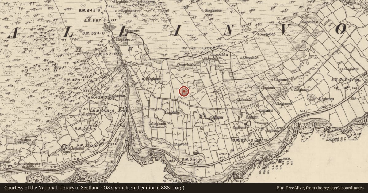 Ordnance Survey six-inch map, 2nd edition (1888–1915) covering the location of Clochan, Gleann Fán, County Kerry, with a pin at the register's coordinates