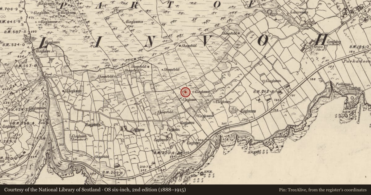 Ordnance Survey six-inch map, 2nd edition (1888–1915) covering the location of Clochan, Fán, County Kerry, with a pin at the register's coordinates