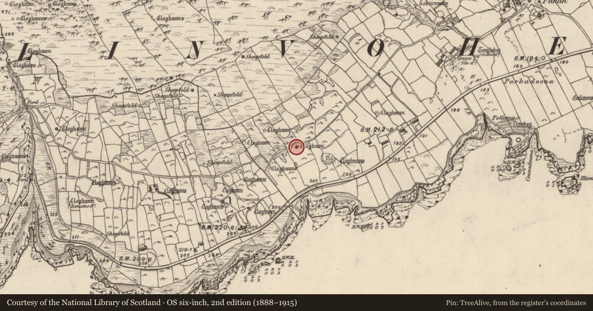 Ordnance Survey six-inch map, 2nd edition (1888–1915) covering the location of Clochan, Fán, County Kerry, with a pin at the register's coordinates