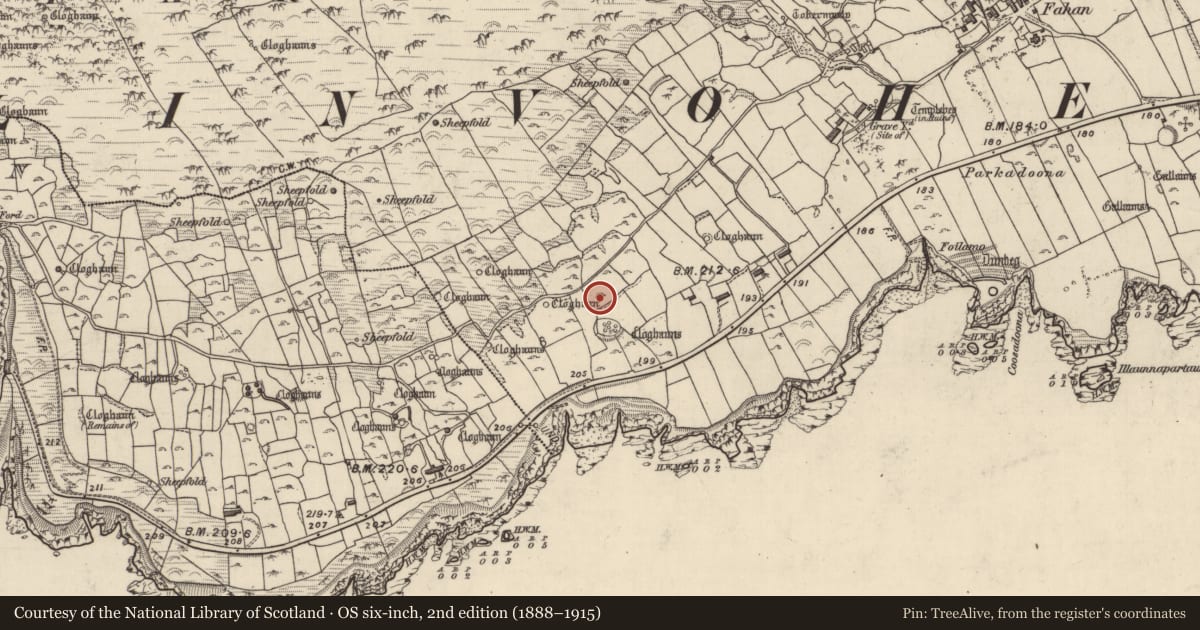 Ordnance Survey six-inch map, 2nd edition (1888–1915) covering the location of Clochan, Fán, County Kerry, with a pin at the register's coordinates