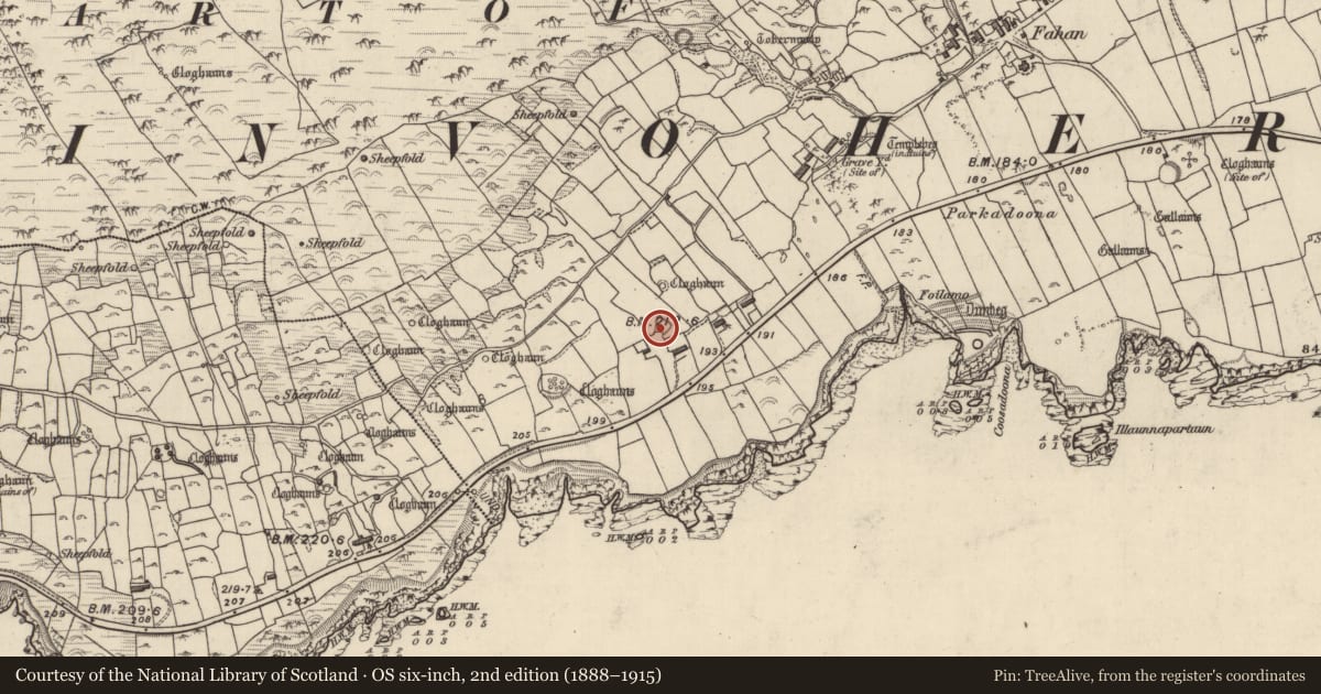 Ordnance Survey six-inch map, 2nd edition (1888–1915) covering the location of Clochan, Fán, County Kerry, with a pin at the register's coordinates