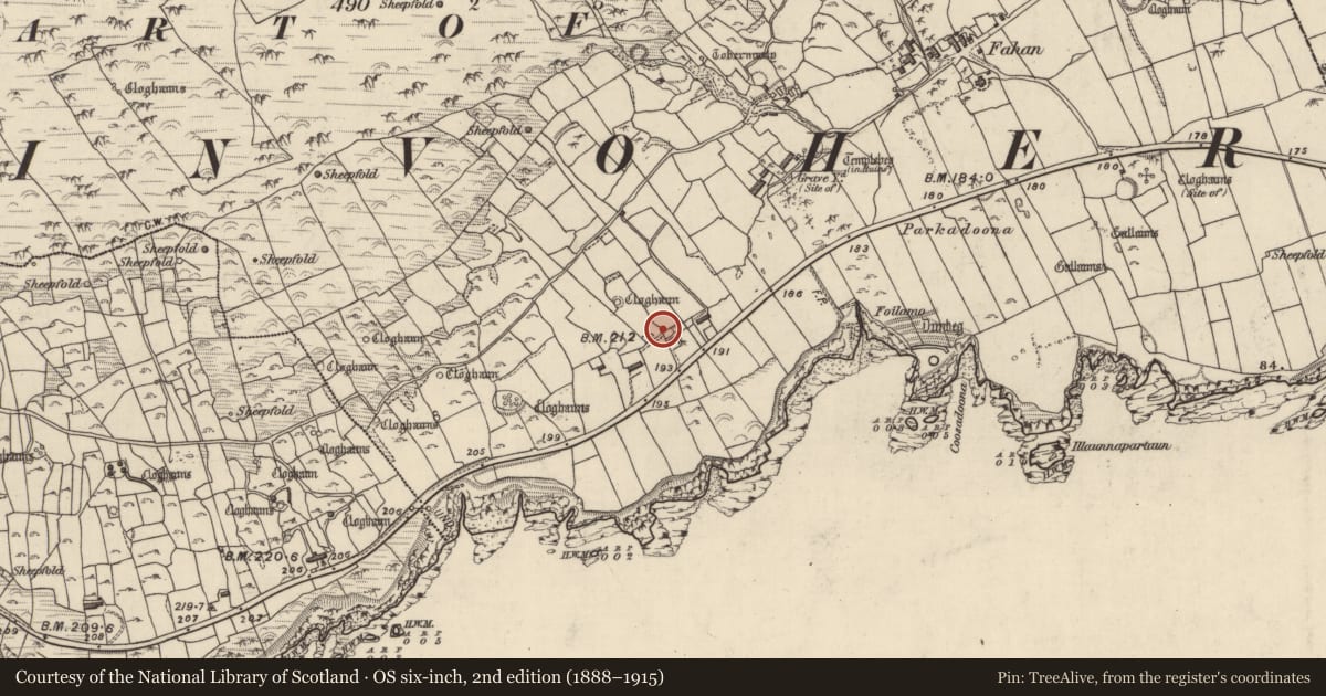 Ordnance Survey six-inch map, 2nd edition (1888–1915) covering the location of Enclosure, Fán, County Kerry, with a pin at the register's coordinates
