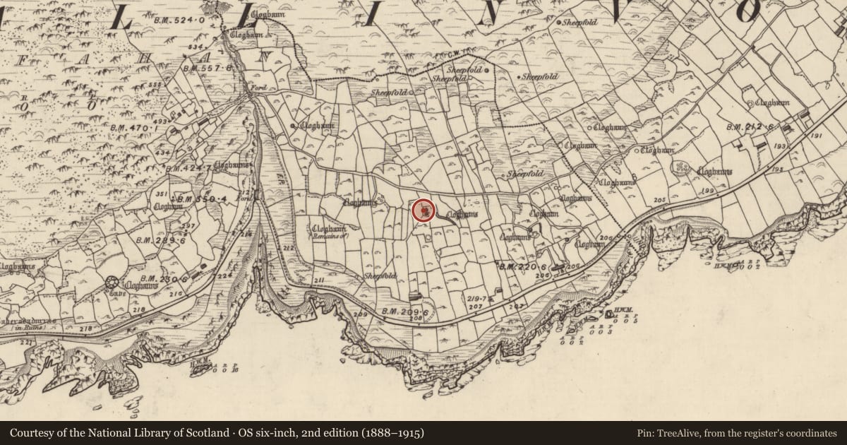 Ordnance Survey six-inch map, 2nd edition (1888–1915) covering the location of Clochan, Gleann Fán, County Kerry, with a pin at the register's coordinates