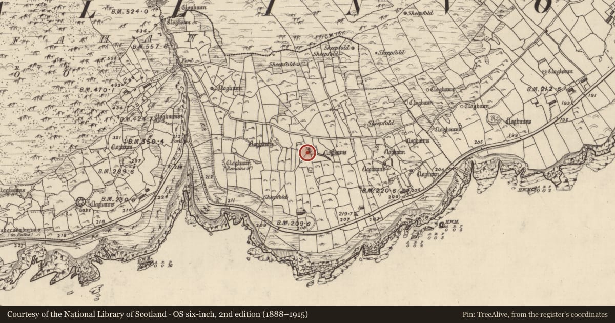 Ordnance Survey six-inch map, 2nd edition (1888–1915) covering the location of Clochan, Gleann Fán, County Kerry, with a pin at the register's coordinates