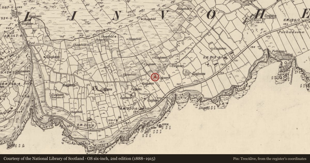 Ordnance Survey six-inch map, 2nd edition (1888–1915) covering the location of Clochan, Fán, County Kerry, with a pin at the register's coordinates