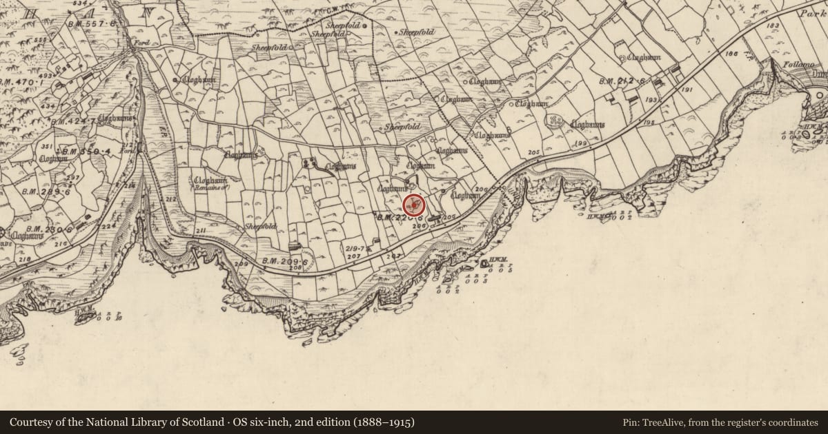 Ordnance Survey six-inch map, 2nd edition (1888–1915) covering the location of Clochan, Gleann Fán, County Kerry, with a pin at the register's coordinates
