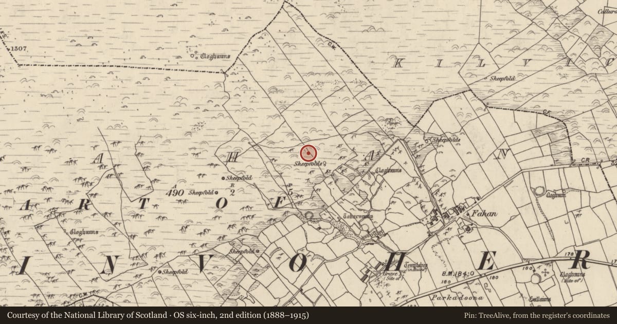 Ordnance Survey six-inch map, 2nd edition (1888–1915) covering the location of Souterrain, Fán, County Kerry, with a pin at the register's coordinates