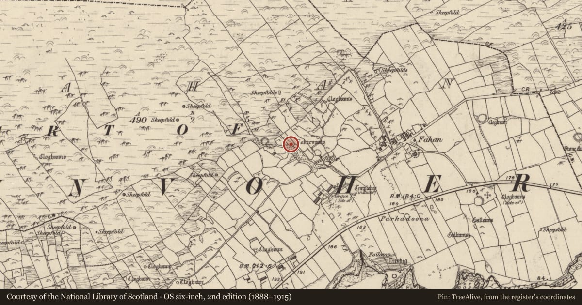 Ordnance Survey six-inch map, 2nd edition (1888–1915) covering the location of Ritual site - holy well, Fán, County Kerry, with a pin at the register's coordinates